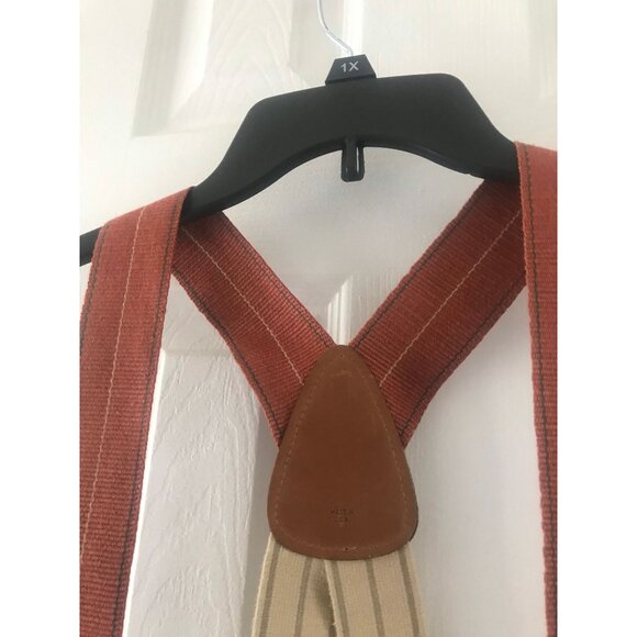 Vtg Big Sport Burnt Orange Tan Blue Striped Suspenders Leather Elastic Braces - Picture 5 of 9